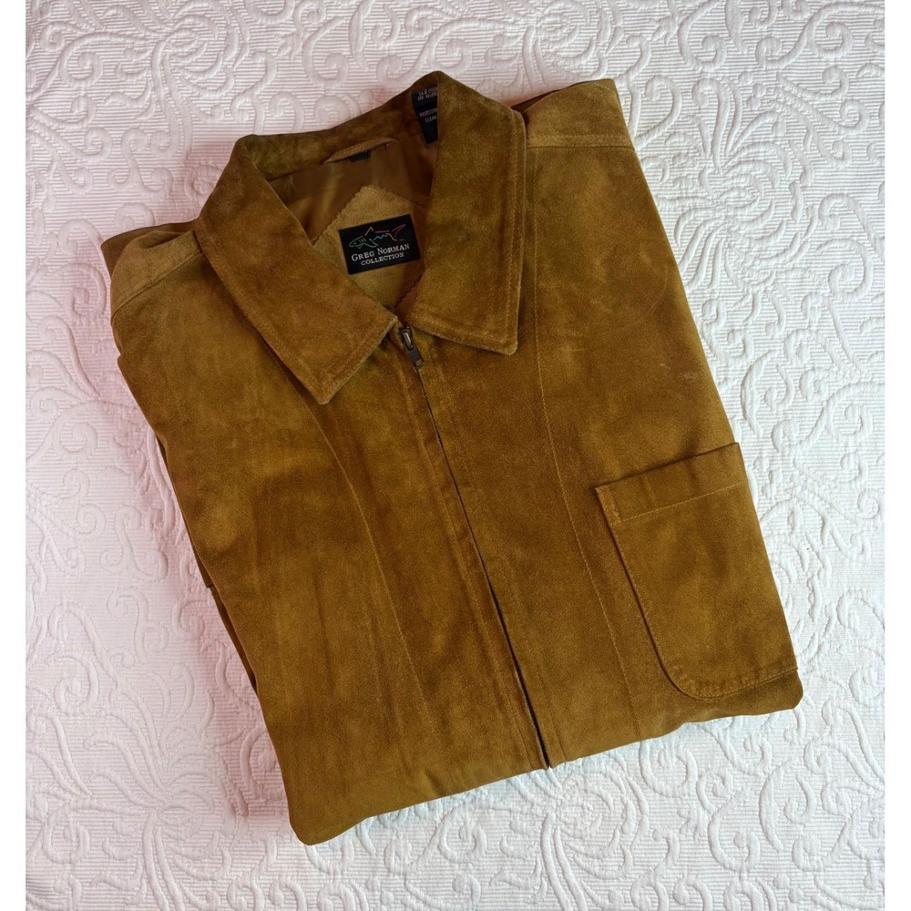 Vtg Greg Norman Collection‎ Full Zip Camel Suede Leather Barn Coat Jacket Men XL